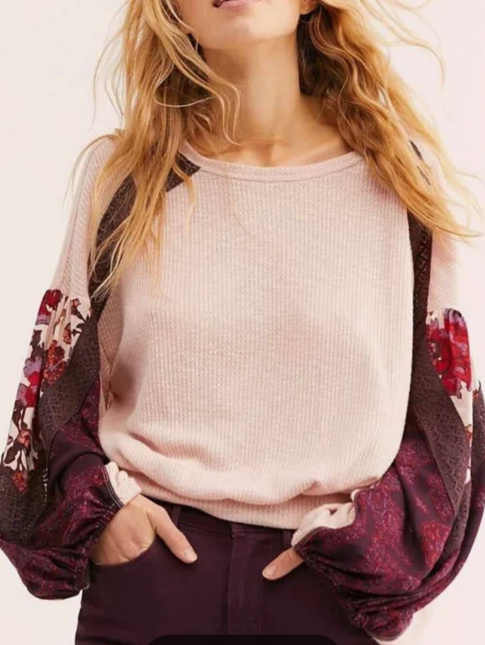 Free People Casual Clash Waffle Knit Top Size XS Pink Rose Balloon Sleeve EUC
